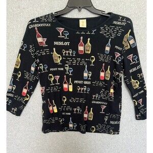 Jess & Jane Top Large Black 3/4 Sleeve Wine Collection Theme Artsy Rhinestone